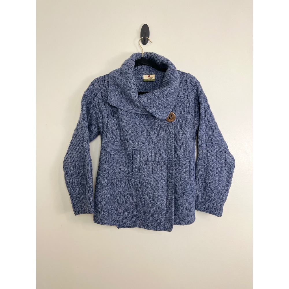Carraig Donn Ireland Heritage Aran Cardigan S Blue 100% Merino Wool Irish Knit